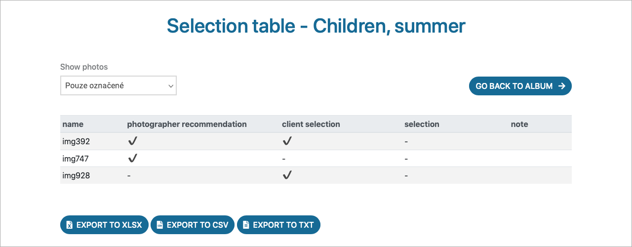 Selection table